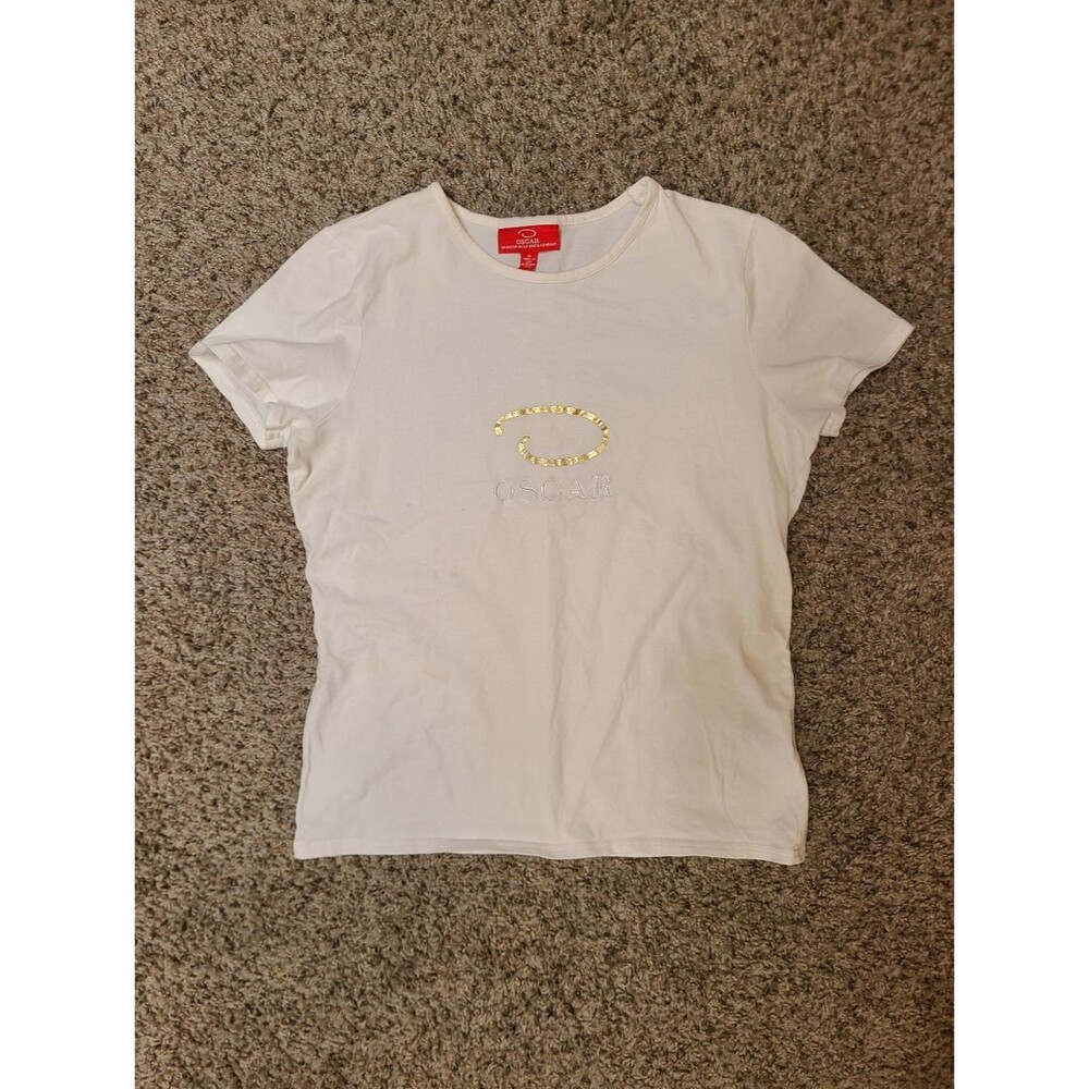 Oscar De La Renta White Tee Logo Cotton Medium Everyday Casual Women's Crew Neck